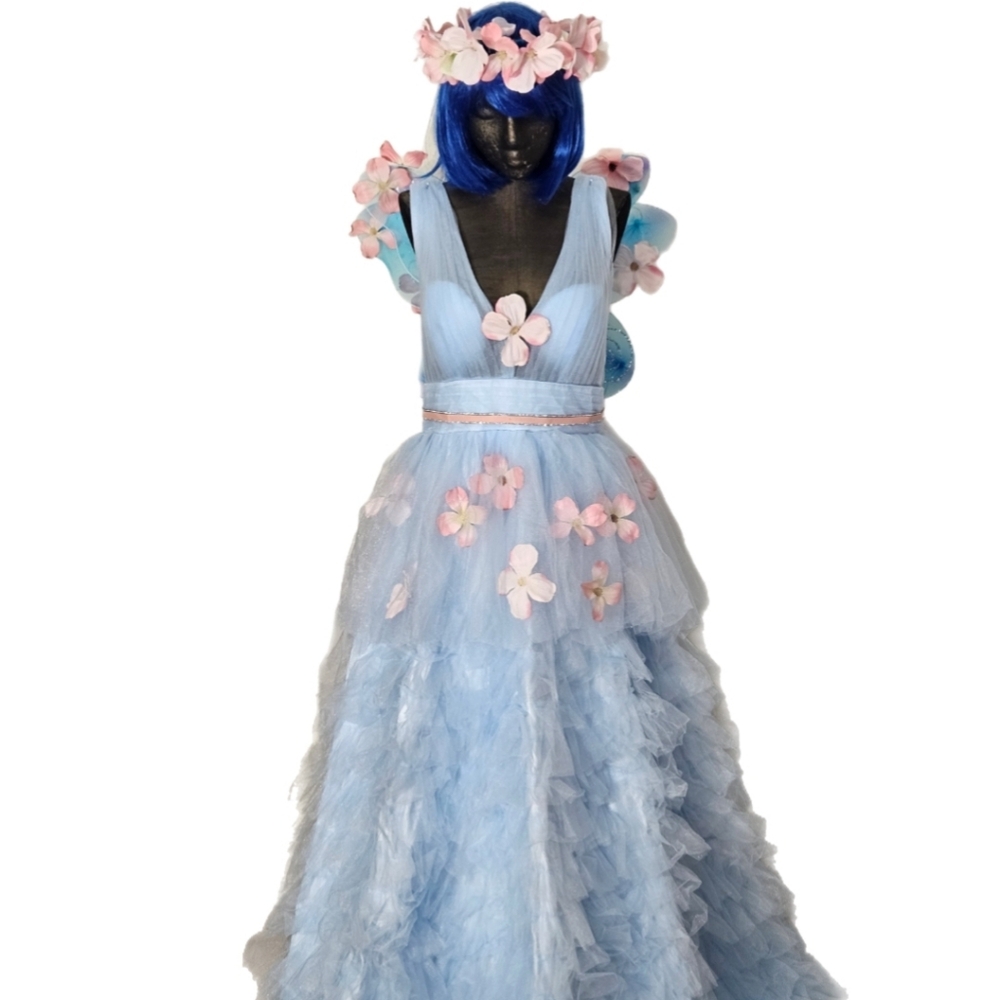Enchanted Woodland Fairy Costume Tulle Blue Gown W/ Detachable Wings Size10 - Picture 4 of 16